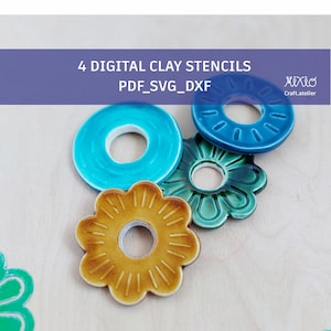 May include: Four digital clay stencils in various shapes and colors, including a turquoise ring, a teal flower, and a yellow flower. The text "4 DIGITAL CLAY STENCILS PDF_SVG_DXF" is displayed above the stencils.