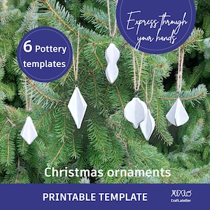 May include: Six printable templates for making ceramic Christmas ornaments. The templates are shown on a Christmas tree with the text "Express through your hands" and "6 Pottery templates".
