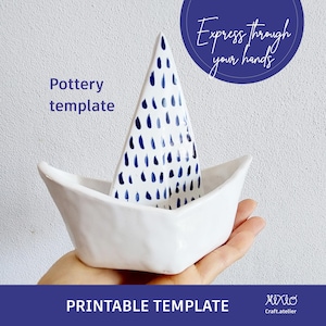 May include: Printable pottery template of a white sailboat with a blue and white polka dot sail. The template is for a craft project and says "Express through your hands" and "Pottery template".