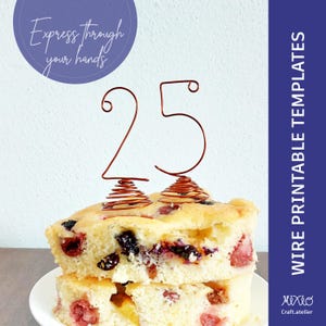 May include: A fruit cake slice with a wire number 25 cake topper. The cake, with visible berries, sits on a white plate. The image also features the text "Express through your hands" and "WIRE PRINTABLE TEMPLATES".