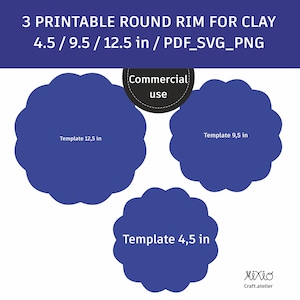 Puede incluir: Tres plantillas de borde redondo imprimibles para proyectos de arcilla de 4,5, 9,5 y 12,5 pulgadas. Las plantillas son azules y tienen un borde festoneado. El texto "Uso comercial" está en un círculo negro.