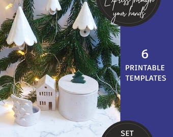 ensemble de modèles de Noël en céramique_cloches suspendues en céramique_lanterne à bougie en argile_tutoriel maison en céramique_pot en céramique_décorations à faire vous-même