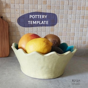 May include: A light green ceramic bowl with a scalloped rim, filled with a peach, lemon, kiwi, and avocado. The bowl has a turquoise accent. The text "POTTERY TEMPLATE" is in a blue oval above the bowl.