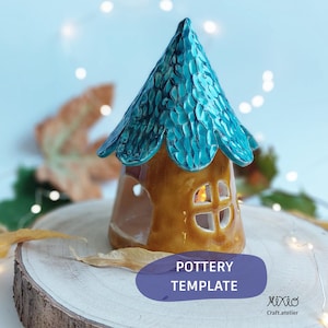 May include: A ceramic house-shaped candle holder with a glossy brown base and a textured, scalloped teal roof. The structure features a small window with a cross-shaped frame and an open doorway. A purple label displays the text POTTERY TEMPLATE.