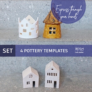 May include: A set of four pottery templates in the shape of houses and a crown. The templates are white, tan, and brown with cut-out windows and doors. The text "Express through your hands" is in a purple circle.