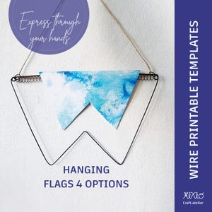 May include: A decorative hanging flag with a blue and white watercolour design, suspended from a black wire frame. The text "Express through your hands" is in a purple circle. The text "Hanging Flags 4 Options" is below the frame.