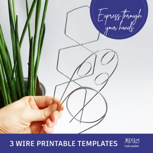 May include: Three printable wire templates for crafting. The templates are made of silver wire and include a hexagon, a circle, and a curved shape. The text "Express through your hands" is visible in the image.