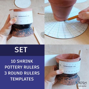 May include: A set of pottery tools includes shrink rulers and round ruler templates. The image shows a terracotta pot with a ruler wrapped around it, marked in inches. The text on the image reads "SET" and lists the contents.