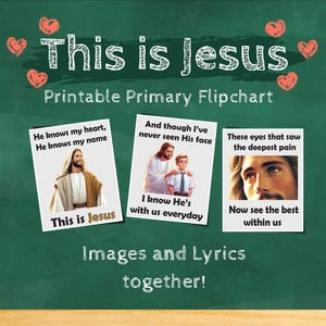 May include: Printable flip chart for primary school children with images and lyrics about Jesus. The text reads "This is Jesus", "He knows my heart, He knows my name", "And though I've never seen His face", "I know He's with us everyday", "These eyes that saw the deepest pain", "Now see the best within us", and "Images and Lyrics together!"