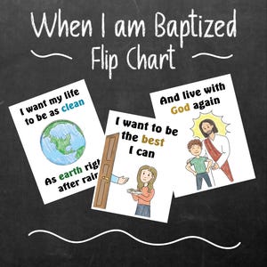 Peut inclure: Trois cartes illustrées avec du texte sur le baptême. La première carte montre un globe terrestre bleu et vert avec le texte "Je veux que ma vie soit aussi propre que la terre juste après la pluie". La deuxième carte montre une porte fermée avec une main qui tend la main pour l'ouvrir et le texte "Je veux être le meilleur possible". La troisième carte montre un homme avec une auréole et un enfant avec le texte "Et vivre à nouveau avec Dieu".