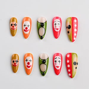 Pierrot Clown Press-On Nails • Handmade 3D Circus Nail Art • Harlequin Clowncore • Sad Happy Faces • Y2K Halloween Nails