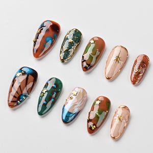 Boho Inspired Press On Nails – Hand Painted Luxury Nails Set, Party Press On Nails, y2k Nails, Abstract Nails, Handmade Long Almond Nails