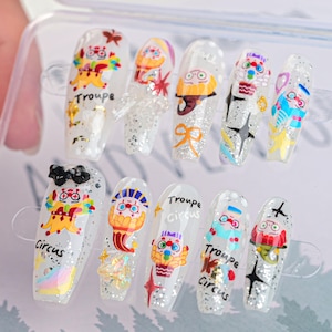 Carnival Clown Press On Nails – Funny Clown Sticker Art Nails, Circus Artistic Inspired Nail Set, Unique Handmade Nail for Party & Gift