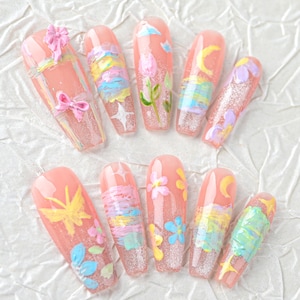 Pink Oil Painting Press On Nail, Summer Floral Watercolor Nail, Handmade Peachy Pink Nail Art With Glitter & Bow Design For Gift, Daily Wear