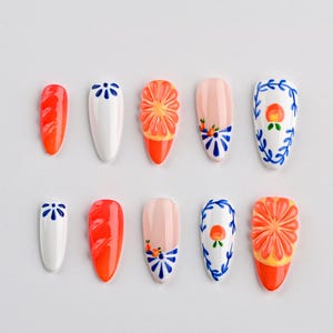 Citrus Bloom Press On Nails | Hand Painted Orange & Floral Design | Blue White Folk Style Nail Art | Cute Summer Gift for Her
