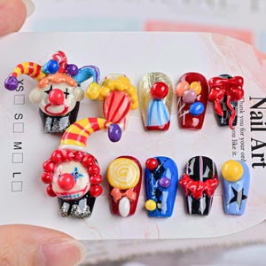 Colorful Circus Clown Press On Nails – 3D Cartoon Clown Nail Art, Handmade Nail Set, Bold Harlequin Aesthetic Nail, Funky Festival Nails