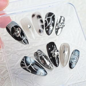 Galaxy 3D Chrome Press On Nails – Black & White Gothic Nails, Abstract Star Art Nails, Sun Star Nails, Handmade Edgy Fake Nails