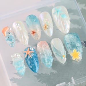 Reusable Press On Nails Gel Set – Coastal Chic Premium Fake Nails, Colorful Cute Faux Nail Art, Handmade Salon Quality Nail Tips