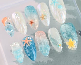 Conjunto de unhas postiças reutilizáveis em gel – Coastal Chic Premium Unhas postiças, unhas postiças coloridas e fofas, pontas de unhas artesanais com qualidade de salão