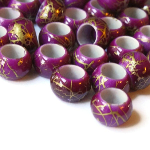 50 10mm Large Hole Beads Purple Beads with Gold Spatter Rondelle Beads Acrylic Beads European Beads Jewelry Supplies