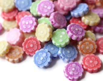 100 10mm Assorted Color Flower Beads Plastic Coin Beads Mixed Color Flat Round Loose Beads to String Jewelry Making Beading Supplies bW1