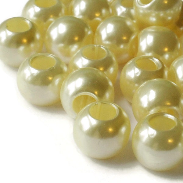 40 12mm Pale Yellow Large Hole Pearls Antique Ivory European Beads Plastic Pearl Beads Faux Pearl Beads Big Hole Beads Round Acrylic Beads