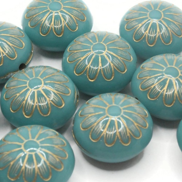 12 15mm Sky Blue Flower Beads Puffed Coin Beads Gold Trim Beads Plastic Beads Loose Beads Jewelry Making Beading Supplies