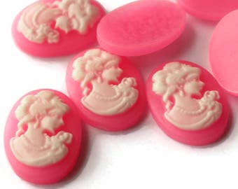 10 Bright Pink Cameo Cabochons Victorian Cameo Woman Face Cameo Cabs 18mm x 13mm Cabochon Resin Cameo Cabochons