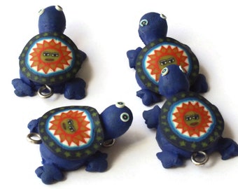 4 Blue Turtles with Sun on the Shell Turtle Charms Tortoise Links Beads Jewelry Making Beading Supplies Polymer Clay Turtle Beads Smileyboy