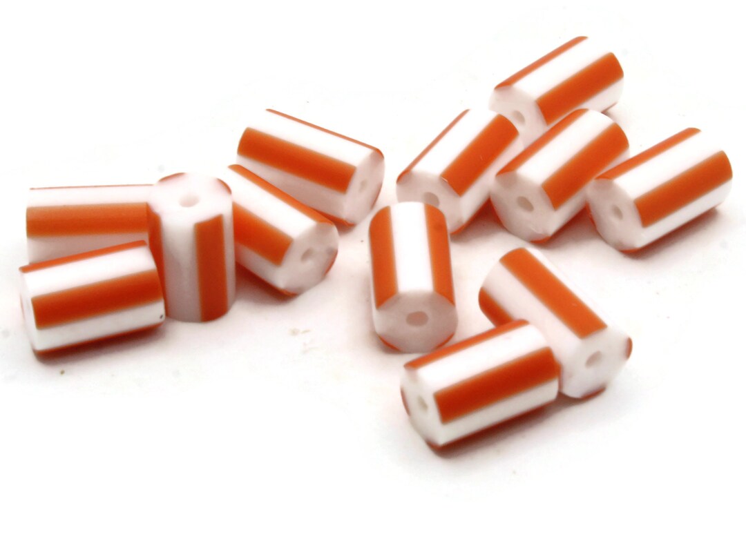 12 12mm to 14mm Orange and White Striped Vintage Plastic Tube Beads