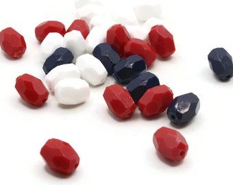 30 12mm Vintage Red White and Blue Faceted Oval Plastic Beads New Old Stock Loose Beads Jewelry Making Beading Supplies Lightweight Bead