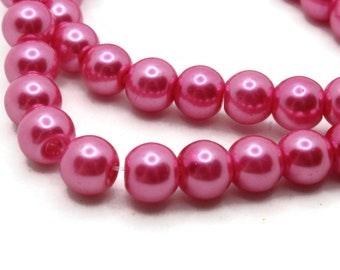 53 8mm Bright Pink Glass Pearl Beads Faux Pearls Jewelry Making Beading Supplies Round Accent Beads Ball Beads Small Spacer Beads