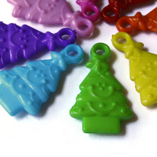 12 32mm Mixed Color Happy Little Tree Beads Plastic Christmas Tree Beads Pine Tree Beads Assorted Color Holiday Craft Supplies