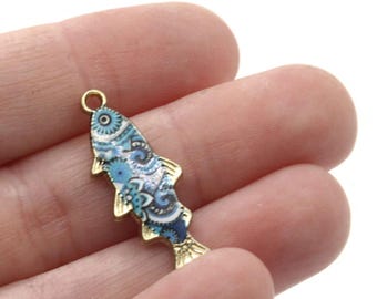 27 mm blaue Blume und Swirl Design Fisch Anhänger Goldton Metalllegierung Charme Schmuck machen Perlen Lieferungen