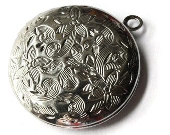 27mm Round Flower Locket Silver Tone Locket Charm Jewelry Making and Beading Supplies Floral Locket