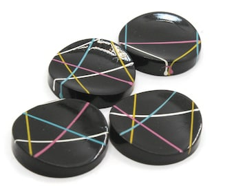 4 20mm Black with Neon Stripes Vintage Lucite Plastic Round Flatback Cabochons Jewelry Making Beading Supplies