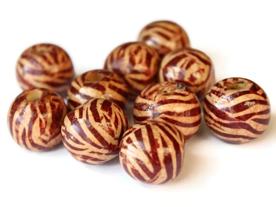 WOODEN ROUND WOOD MAKE UR JEWELLERY 20mm X 18mm LARGE ZEBRA BEADS CHOOSE 5,10