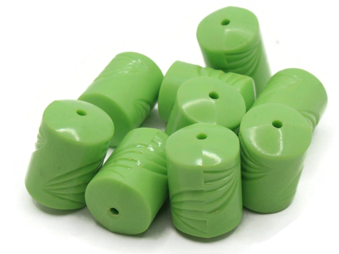 10 22mm Green Plastic Tube Beads With Wave Design Vintage Plastic New