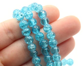 Contas de vidro craquelado azul celeste brilhante de 6 mm, contas redondas, contas de vidro transparente craquelado, materiais para confecção de joias, contas soltas, contas redondas lisas.