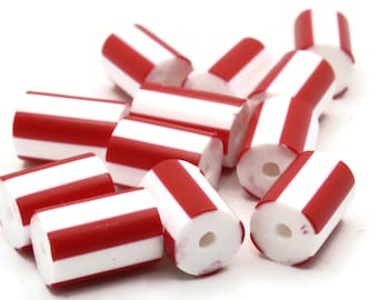 12 12mm to 14mm Red and White Striped Vintage Plastic Tube Beads Jewelry Making Beading Supplies Loose Beads To String