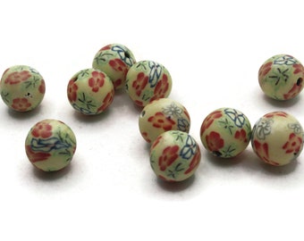 10 10mm Yellow Red and Green Flower Beads Polymer Clay Multi-Color Round Beads Ball Beads Jewelry Making Beading Supplies