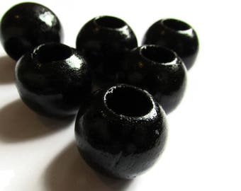 6 21mm x 19mm Black Beads Round Wood Beads Vintage Beads Wooden Beads Large Hole Beads Loose Beads New Old Stock Beads Macrame Beads