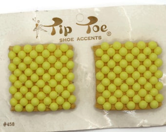 Tip Toes Vintage Shoe Clips 1950s #458 Yellow Beaded Square Shoe Clips