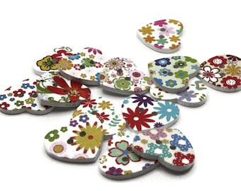14 24mm Mixed Multi Color Floral Wooden Heart Buttons with White Background Two Hole Buttons