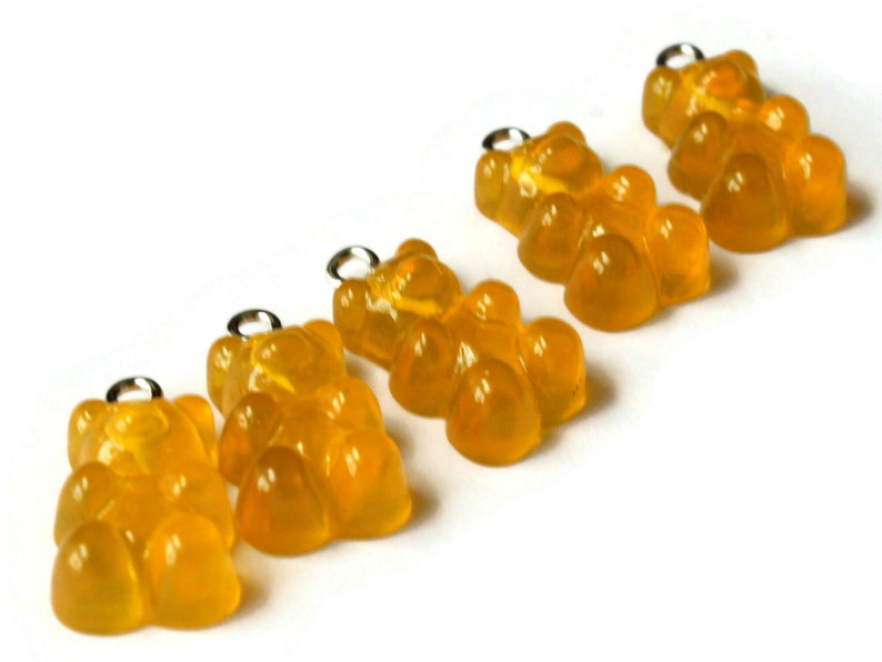 5 20mm Honey Yellow Gummy Bear Charms Resin Pendants with Platinum Colored Loops Jewelry Making Beading Supplies Loose Candy Charms