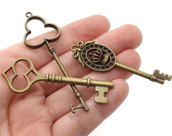 4 Mixed Antique Bronze Key Charms  Metal Skeleton Keys Pendants Beads Jewelry Making Beading Supplies