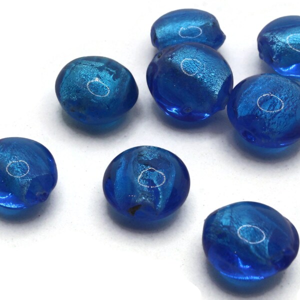 8 12mm Blue Lampwork Glass Beads Puffed Coin Beads Jewelry Making Beading Supplies Loose Beads to String
