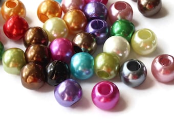 40 12mm Large Hole Pearls Mixed Color Pearls Faux Pearl Beads European Beads Round Pearl Beads Plastic Pearl Beads Acrylic Beads Rainbow