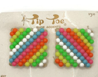 TipToes and Sears Vintage Shoe Clips 1950s #87 Rainbow Striped Beaded Square Shoe Clips