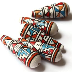 5 35mm Vintage Painted Clay Beads White Teal and Red Beads Teardrop Beads Peruvian Clay Beads to String Jewelry Making Beading Supplies